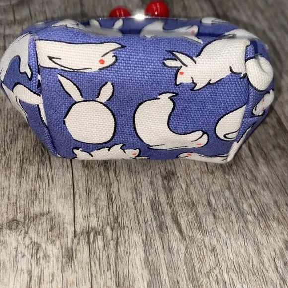 RABBITS BLUE CANVAS Red Kisslock Large Coin Purse Small Clutch Makeup Bag - Picture 3 of 4